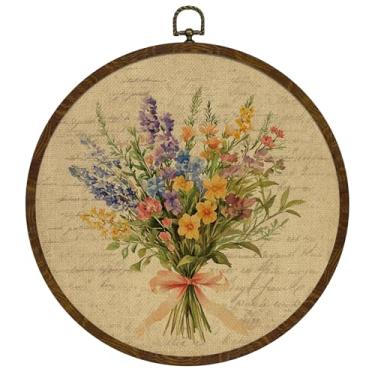 Imagem de Arte de parede de flores com letras vintage, moldura de grão de madeira redonda, design de jardim floral, decoração redonda pendurada, estampa de buquê de flores silvestres em aquarela para quarto e