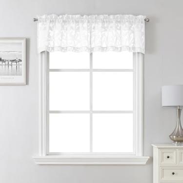 Imagem de Lecloud Leia — Saia branca transparente para janelas 35,5 cm de comprimento, 2 peças, cortinas curtas com textura de folha jacquard café cozinha com dois bolsos de haste, cortina pequena para sala de