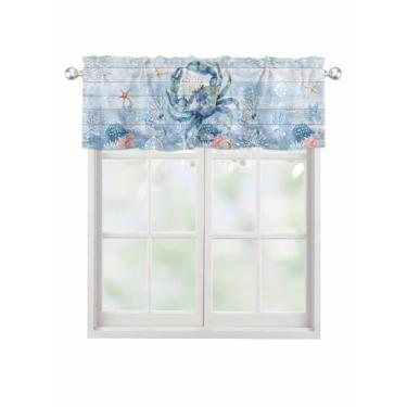 Imagem de Cortina de caranguejo azul para janelas Kithchen, camada de estrela do mar coral oceano tratamento de janela vintage grão de madeira sanefa bolso para quarto/sala de estar/banheiro, 106 x 30 cm