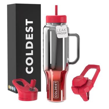 Imagem de Copo Coldest com alça e canudo - Copo 100% à prova de derramamento com canudo (3 tampas) - Copos isolados de aço inoxidável à prova de vazamento para mulheres e homens - Adequado para porta-copos
