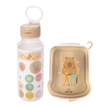 Imagem de Kit Lanche Garrafinha De Água Abre Fácil + Adesivos E Sanduicheira Infantil Escola Viagem (Capivara)
