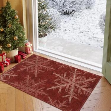 Imagem de Lahome Tapetes de Natal Tapete de cozinha interior, tapete de porta de floco de neve vermelho de Natal 2x3 tapetes de entrada laváveis antiderrapantes, tapete pequeno macio decoração de férias tapete para entrada banheiro quarto (0,6 x 0,9 m, vermelho)