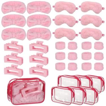 Imagem de Toyosport 6 conjuntos de lembrancinhas de festa rosa, suprimentos de festa do pijama rosa, inclui máscaras, faixas de cabeça, clipes de garra, pulseiras e bolsas de cosméticos, acessórios de festa de