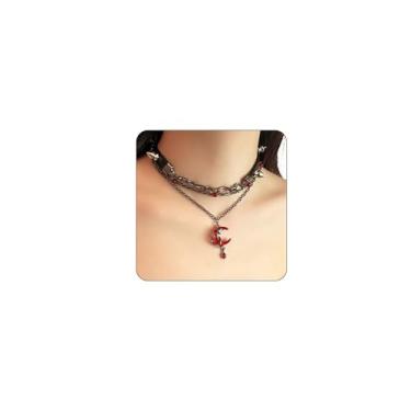Imagem de xdlhghe Colar gótico feminino com lua preta, gargantilha de couro grosso em camadas, gótico punk, Large, Latão, Sem Pedra Preciosa