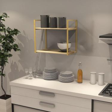 Imagem de Prateleira Industrial Parede ou Suspensa Dourada Aço e Madeira 50x40x6