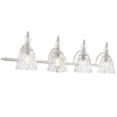 Imagem de Ditoon Luminária de banheiro de níquel escovado com 4 luzes, luminária de banheiro antiga com sombra de vidro de flor, luminária de banheiro sobre espelho, arandelas de casa de fazenda, iluminação de