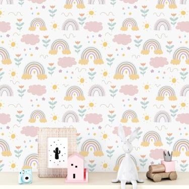 Imagem de Mangoloo Papel de parede rosa arco-íris descascar e colar nuvem sol crianças papel de parede para quarto berçário flores papel de contato floral para armários autoadesivo removível arco-íris mural de