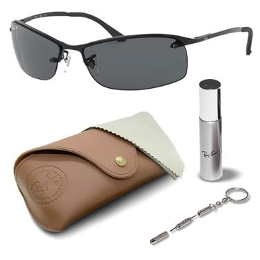Imagem de Ray-Ban RB3183 Óculos de sol retangulares para homens e mulheres com kit oficial RAYBAN Eyewear, Armação preta polida | Lente cinza escura polarizada, 64 mm