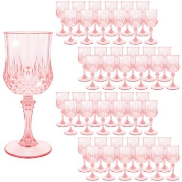 Imagem de FXKS Pacote com 48 taças de vinho, taças de vinho de plástico rosa claro, taças de plástico vintage para festas, copos de água de cristal, reutilizáveis para recepção de casamento, suprimentos de