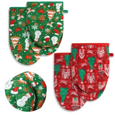 Imagem de Geyoga 2 peças de mini luva de forno de Natal, árvore de Natal, casa de pão de gengibre, bonecos de neve, pequenos suportes de panela de Natal resistentes ao calor, utensílios de presente de festa de