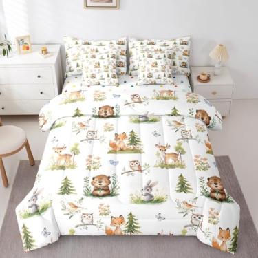 Imagem de Erosebridal Conjunto de cama solteiro de animais zoológicos, coelho, raposa, 7 peças para crianças, meninos, meninas, edredom fofo de coruja girafa, conjunto de cama de fazenda com conjunto de lençóis