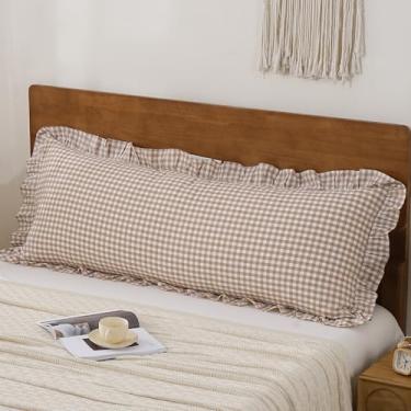 Imagem de YHJWW Capa de travesseiro de corpo com babados caramelo guingão 100% algodão lavado como linho macio e confortável 1 pacote capa de almofada decorativa de outono xadrez xadrez fofa (50 x 137 cm, fecho