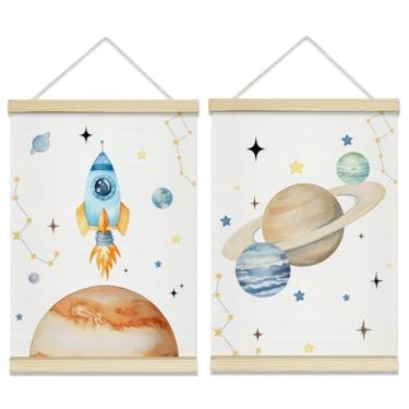 Imagem de rizotus Conjunto de 2 molduras para pôster de plantas do sistema solar, pôsteres de arte de parede espacial para quarto de crianças, moldura de cabide para quarto de meninos, sala de aula, berçário