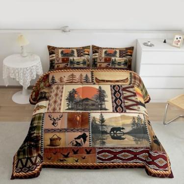 Imagem de Feelyou Conjunto de edredom de urso, para crianças, meninos, meninas, caça, vida selvagem, cabana rústica, conjunto de colcha, coleção de quarto, 3 peças, tamanho Queen