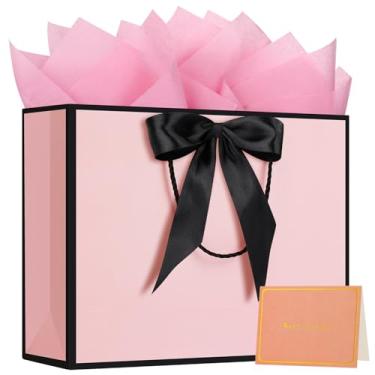 Imagem de 1 bolsa de presente grande com fita e 1 cartão comemorativo, 2 lenços de papel, bolsa de presente de papel portátil com alças (moldura rosa + preta)