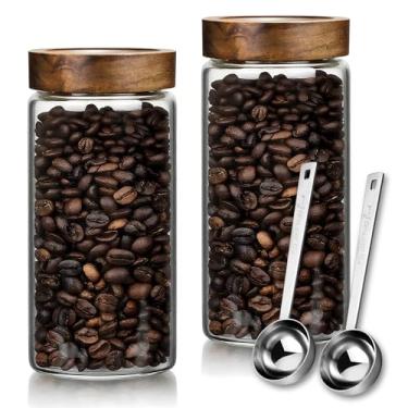 Imagem de JanYoo Pacote com 2 recipientes de café de vidro com tampas e colher, 1400 ml, pote de armazenamento de alimentos com tampas herméticas, recipiente redondo de café de cozinha para grãos de café