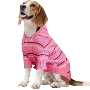 Imagem de Kuoser Suéter de cachorro pequeno, suéter para cães pequenos machos, suéter de Natal para meninas, meninos e cães, pulôver listrado com capuz, para chihuahua, dachshund, pug, yorkie, rosa P