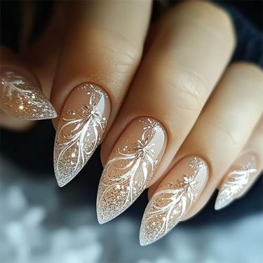 Imagem de RUOKEXIN Unhas postiças médias de amêndoa, unhas postiças com glitter, desenhos de flores, unhas artificiais brilhantes, cobertura total, cola nas unhas, bastões fofos para mulheres, 24 peças