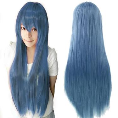 Imagem de IMISSU Perucas de cosplay de cabelo natural longo e reto com franja colorida fantasia de Halloween peruca de festa para menina (Azul marinho)