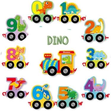 Imagem de Trem Numérico Educativo de Madeira com Dinossauros ou Animais – 10 Vagões Coloridos com Números de 0 a 9 – Brinquedo Didático Infantil (Dinossauro)
