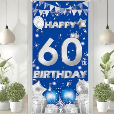 Imagem de Decoração de banner de porta de feliz aniversário de 60 anos azul prata 9,5 m x 1,8 m, capa de porta de feliz aniversário para decoração de aniversário ao ar livre.