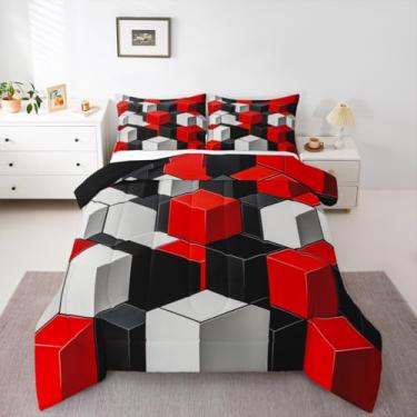 Imagem de Feelyou Conjunto de cama geométrico 3D macio para meninos e meninas, conjunto de edredom geométrico, estereoscópico, tamanho casal, vermelho, preto, cinza, microfibra, cubo 3D, decoração de quarto, 3