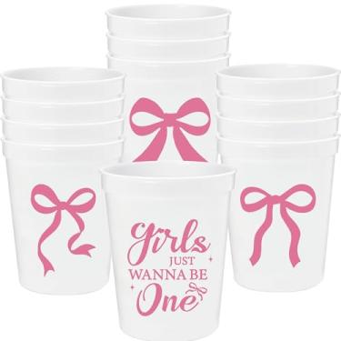 Imagem de Hzbcxs 12 peças Girls Just Wanna be One Cups - 473 g Decorações de festa com tema de arco de primeiro aniversário para meninas - Decorações de aniversário de uma menina feliz rosa