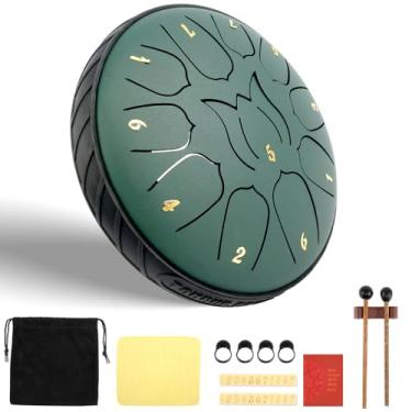 Imagem de XYTZHSAI Tambor de língua de aço, 11 notas, 15 cm para crianças, mini instrumento de percussão com livro de música, marretas de tambor, remos de dedo e educação musical para meditação de ioga (verde