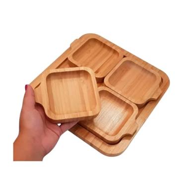 Imagem de Tábua Petisqueira Quadrada em Bambu com 4 Pratos Removíveis – Ideal para Servir Queijos, Frios, Frutas e Petiscos com Elegância