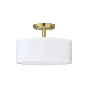 Imagem de Luz de teto LED off white para tambor de tecido semi embutida PS difusor com acabamento em bronze escovado, tecido branco candelabros sombra para bar, sala de jantar, corredor, sala de estar. 31 cm 2 luzes