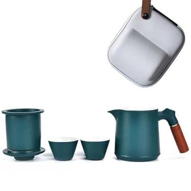 Imagem de Conjunto de chá, conjunto de xícara de chá de cerâmica portátil, conjunto de chá de Kung Fu para viagem, conjunto de bule de cerâmica com cabo de madeira maciça, coador de chá, tampa e 2 xícaras de