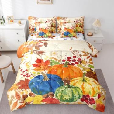 Imagem de Erosebridal Jogo de cama king size de abóbora de Ação de Graças com folhas de bordo de casa de fazenda, decoração de outono e edredom estético, decoração de jardim botânica