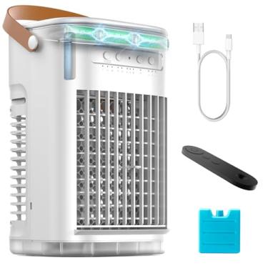 Imagem de Mini ar condicionado portátil, refrigerador de ar evaporativo com controle remoto, 7 luzes coloridas, temporizador 7H, tanque de água de 1200 ml e 1 caixa de gelo, silencioso para mesa interna/externa