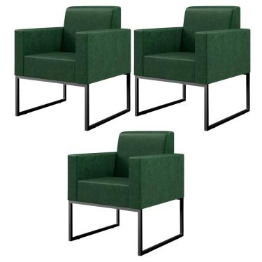 Imagem de Kit 03 Poltronas Decorativas Sala Base fixa Metal Helô L02 Facto Verde Musgo - Lyam Decor