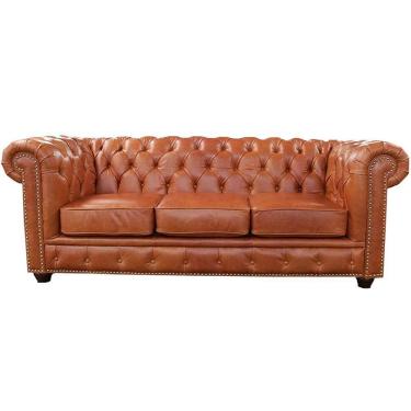 Imagem de Sofá 3 Lugares Sala de Estar 235cm Chesterfield Pés Madeira Couro Conhaque - Gran Belo