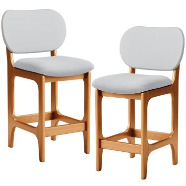 Imagem de Kit 02 Banquetas Baixa Bar Cozinha E Sala De Jantar Fixa Betta L02 Imbuia Linho Cinza - Lyam Decor