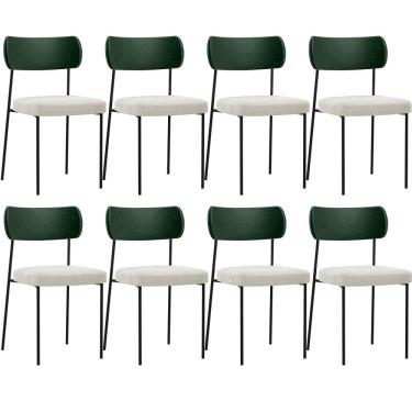 Imagem de Kit 08 Cadeiras Estofadas Para Sala De Jantar Melina L02 Facto Verde Musgo Bouclê Creme - Lyam Decor