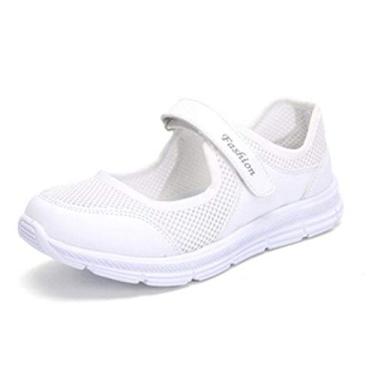 Imagem de Bigfanshu Tênis feminino raso de malha ultra leve casual Mary Janes confortável caminhada tênis plus size, Branco, 8.5 X-Wide