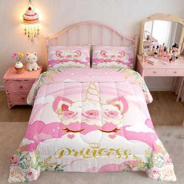 Imagem de Manfei Conjunto de edredom solteiro, estilo princesa rosa, unicórnio, rosa, dourado, animal, para crianças, adolescentes, adolescentes, crianças, contos de fadas, com 1 fronha