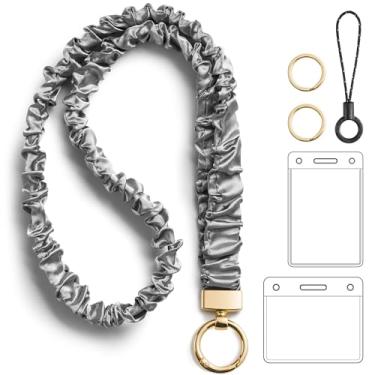 Imagem de Cordão elástico elástico com crachás de identificação, porta-chaves retrátil para mulheres, professoras, enfermeiras, cordão de pescoço fofo para chaves (cinza)