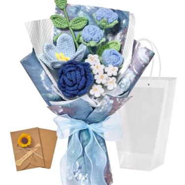 Imagem de Serwalin Buquê de flores de crochê, flores tricotadas azuis feitas à mão, rosas de crochê, tulipas para amantes, professores, aniversário, festa de aniversário, presentes de formatura