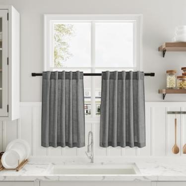 Imagem de Cortinas de linho cinza escuro para café 61 cm de comprimento privacidade filtragem de luz semitransparente porta frontal pequena cortina traseira bolso haste cortinas curtas plissadas para banheiro