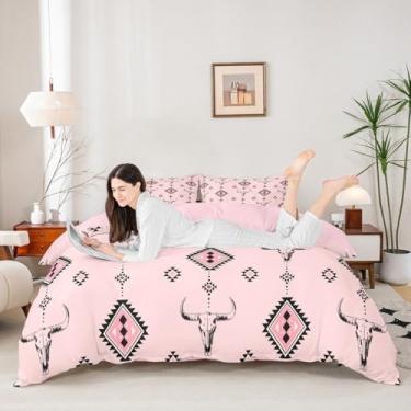 Imagem de Castle Fairy Capa de edredom tribal tamanho Queen, Western Farmhouse Native Ethnic 3 peças (sem enchimento), conjunto de cama rosa vaqueira com 2 fronhas, decoração de quarto infantil asteca tribal do