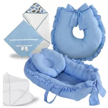 Imagem de KIt enxoval Ninho Redutor de Berço Almofada Amamentação Cobertor Toalha Banho Mosquiteiro Kit 5 Peças (Azul)