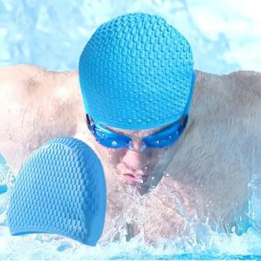 Imagem de Touca de natação de silicone, touca de banho confortável ideal para cabelos cacheados curtos médios longos, touca de natação para mulheres e homens (azul)