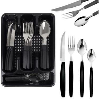 Imagem de Jogo 25 Talheres Garfo Faca Colher com Suporte Organizador de Gaveta P