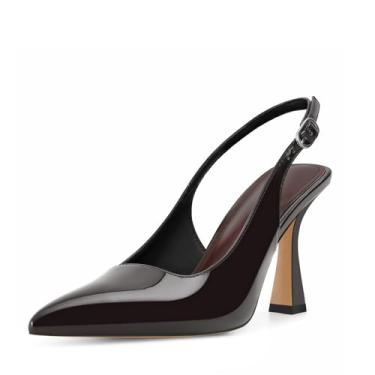 Imagem de ZJGZF Salto gatinho slingback feminino bico fino vintage stiletto sexy scarpin fivela tiras slip on flare sandálias de salto alto trabalho sapatos elegantes, Couro envernizado chocolate, 38