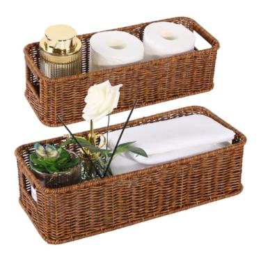 Imagem de Fvstar Cesto de armazenamento de vime pequeno retangular para organizador de prateleira, banheiro, bancada, toalhas de armazenamento, cesta decorativa de papel higiênico para tanque de vaso sanitário