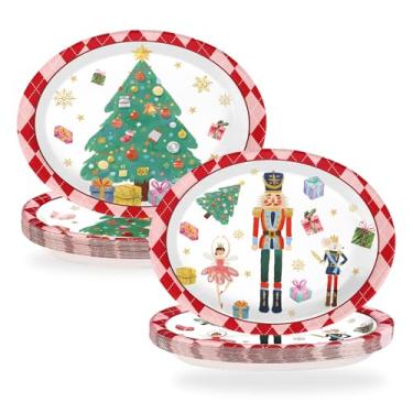 Imagem de Greencian 50 peças de pratos ovais de festa de Natal, quebra-nozes 25,4 x 30,5 cm, grandes quebra-nozes descartáveis, soldado de árvore, decorações temáticas de sobremesa para inverno, Natal, festas