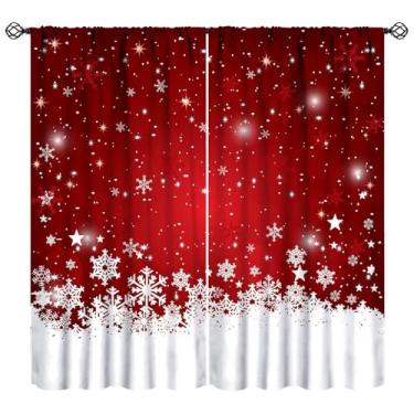 Imagem de Cortinas de Natal, flocos de neve vermelhos e brancos, Natal, Feliz Natal, Ano Novo, padrão de festa de inverno, cortinas para janela de 2 painéis, cortina de bolso para varão para decoração de quarto